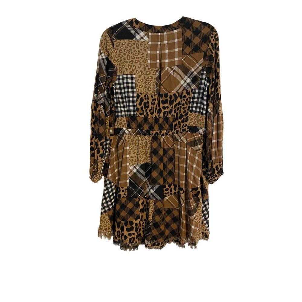 Cato Women’s M Tunic Dress Patchwork Plaid & Leopard Print Frayed Hem Boho Artsy - Picture 2 of 14